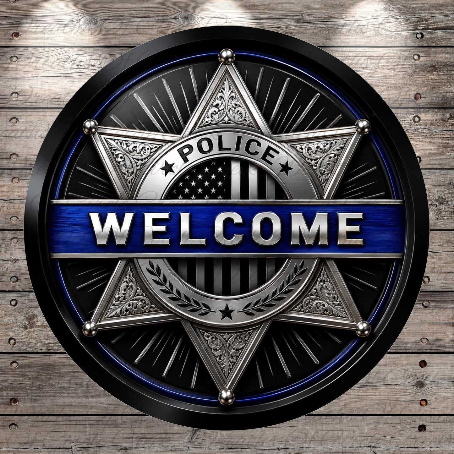 a circular badge with the word "WELCOME" prominently displayed in the center. The badge is surrounded by decorative elements, including stars and stripes, and is set against a wooden background.