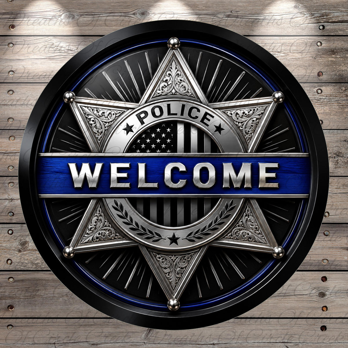 a circular badge with the word "WELCOME" prominently displayed in the center. The badge is surrounded by decorative elements, including stars and stripes, and is set against a wooden background.