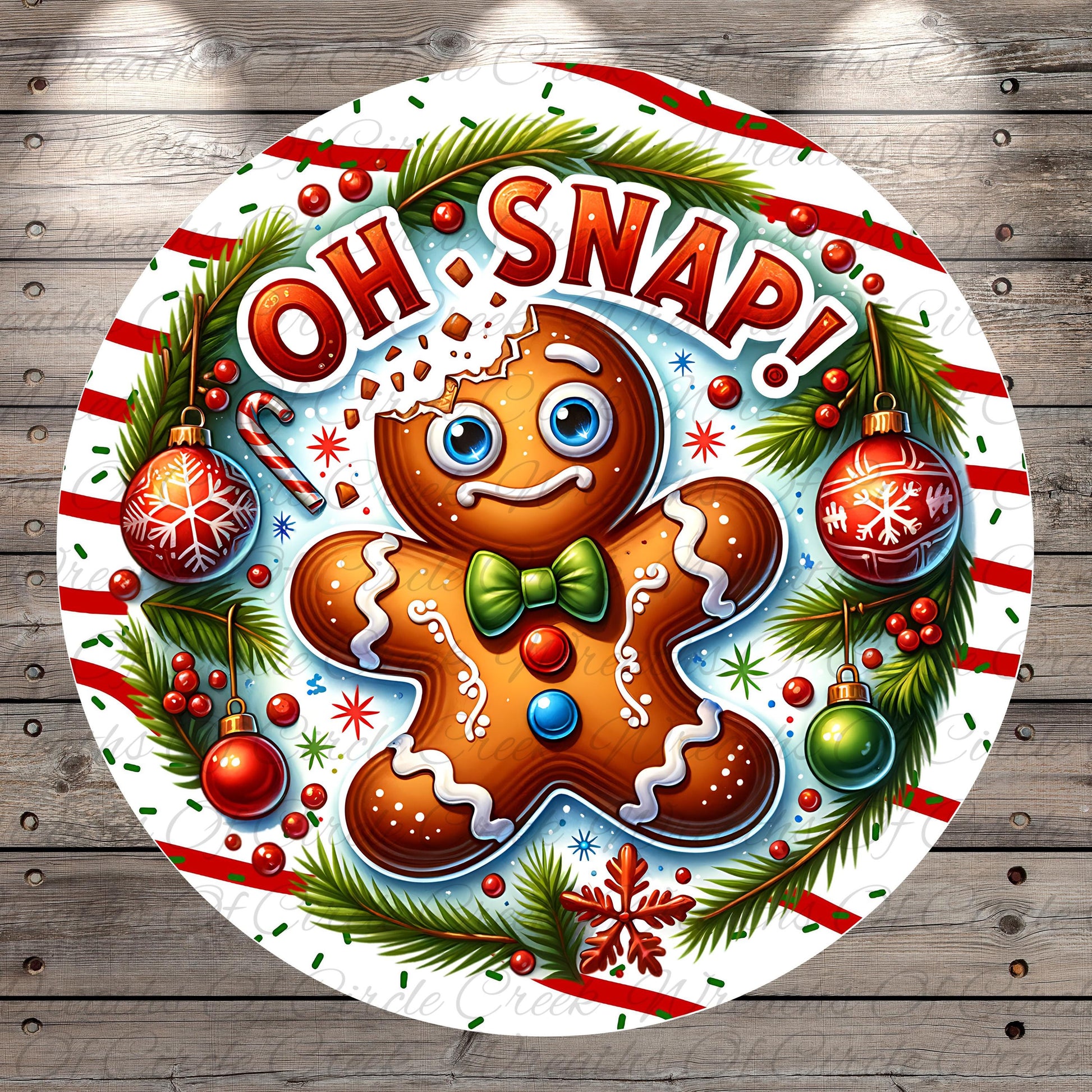 A festive Christmas-themed illustration featuring a gingerbread man surrounded by holiday decorations such as ornaments, pine branches, and berries. The text "OH.SNAP!" is prominently displayed, adding a playful and whimsical touch to the overall design.