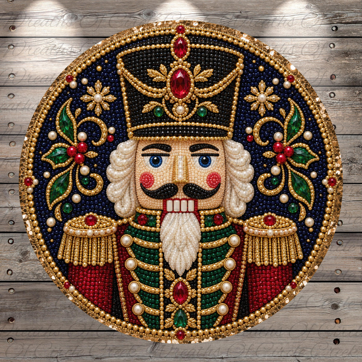 A detailed and ornate circular ornament featuring a nutcracker figure adorned with jewels, pearls, and a crown.