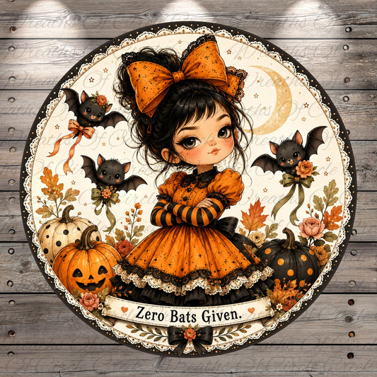 A young girl with a large orange bow on her head, wearing a black and orange dress, surrounded by bats, pumpkins, and flowers. The text "Zero Bats Given" is displayed below the girl.