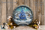 A decorative Christmas wreath with a winter village scene, featuring a blue Christmas tree, houses, and snow. The wreath is surrounded by flowers and greenery, and the phrase "Happy Holidays" is displayed.