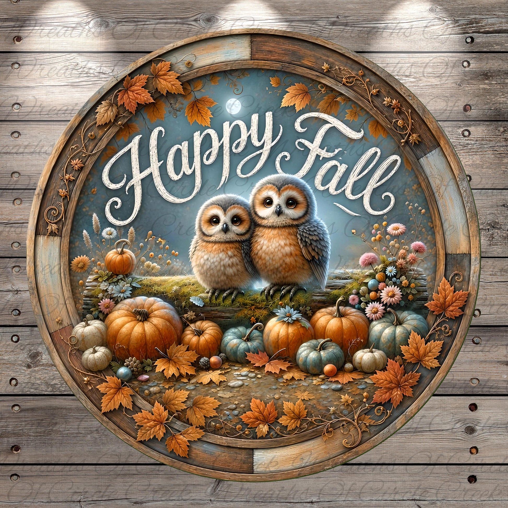 A circular wooden frame with a painting of two owls sitting on a branch surrounded by autumn leaves, pumpkins, and flowers. The text "Happy Fall" is written above the owls.