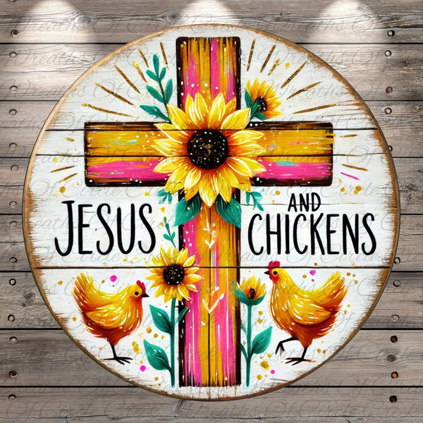 a cross painted with sunflowers and a cross with jesus and chickens