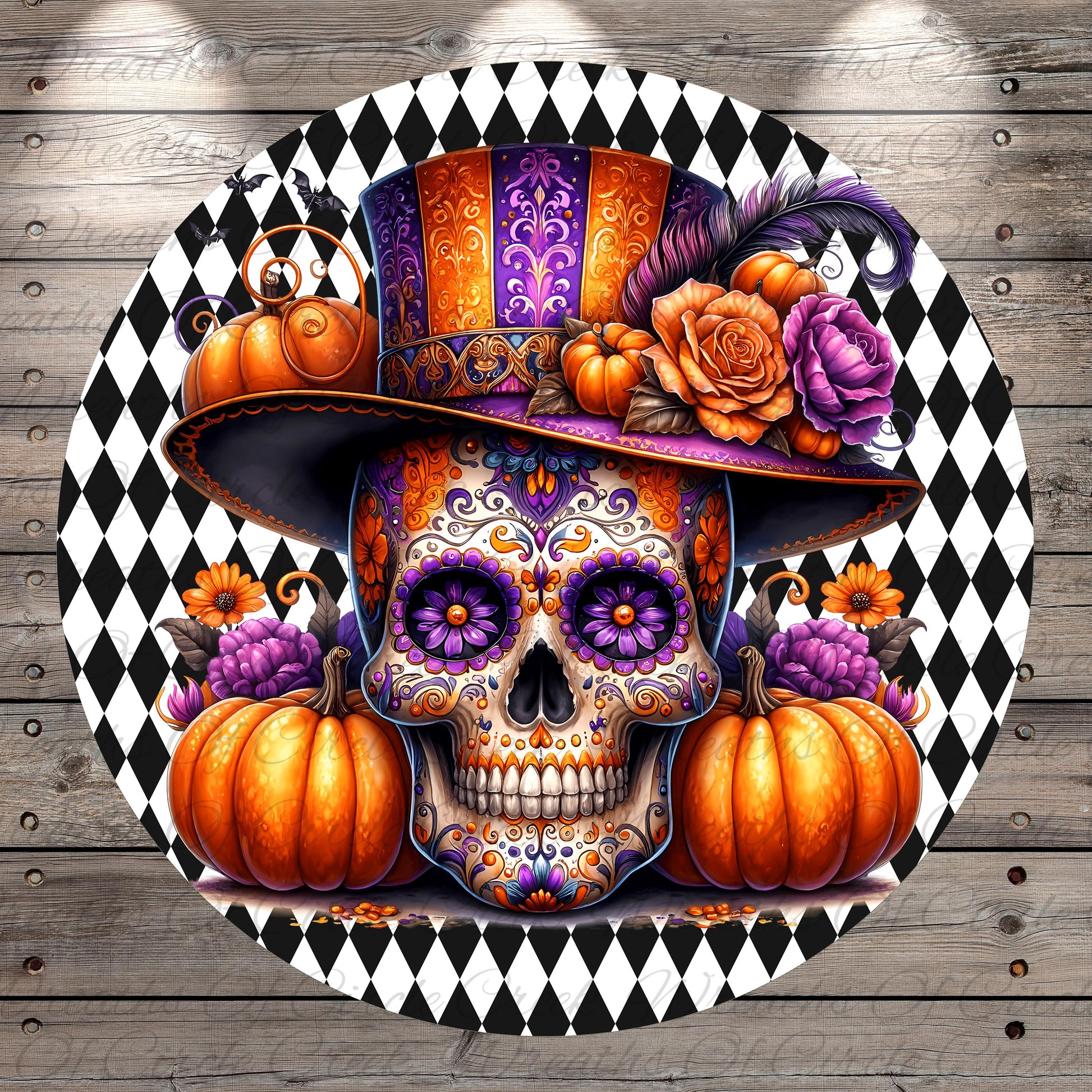 A colorful and intricate illustration of a skull wearing a decorative hat, surrounded by pumpkins and flowers, set against a black and white checkered background.