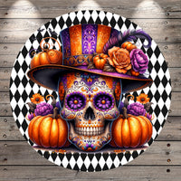 A colorful and intricate illustration of a skull wearing a decorative hat, surrounded by pumpkins and flowers, set against a black and white checkered background.