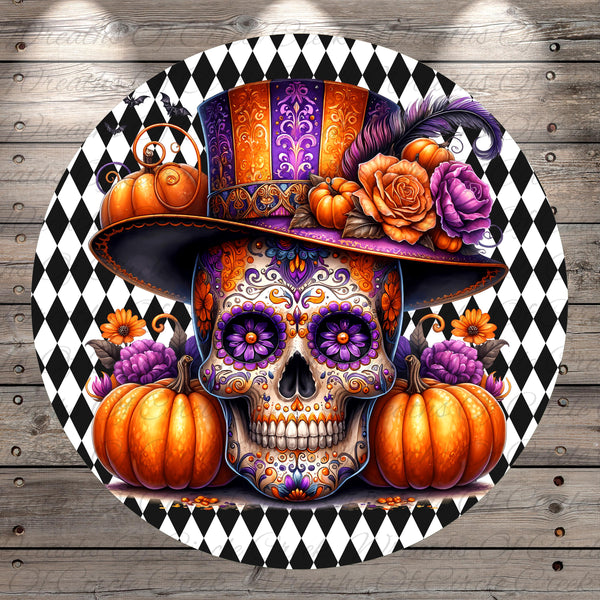 A colorful and intricate illustration of a skull wearing a decorative hat, surrounded by pumpkins and flowers, set against a black and white checkered background.