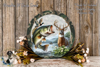 A decorative plate featuring a painting of a fish leaping out of the water, with a deer standing nearby, surrounded by flowers and foliage.