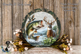 A decorative plate featuring a painting of a fish leaping out of the water, with a deer standing nearby, surrounded by flowers and foliage.
