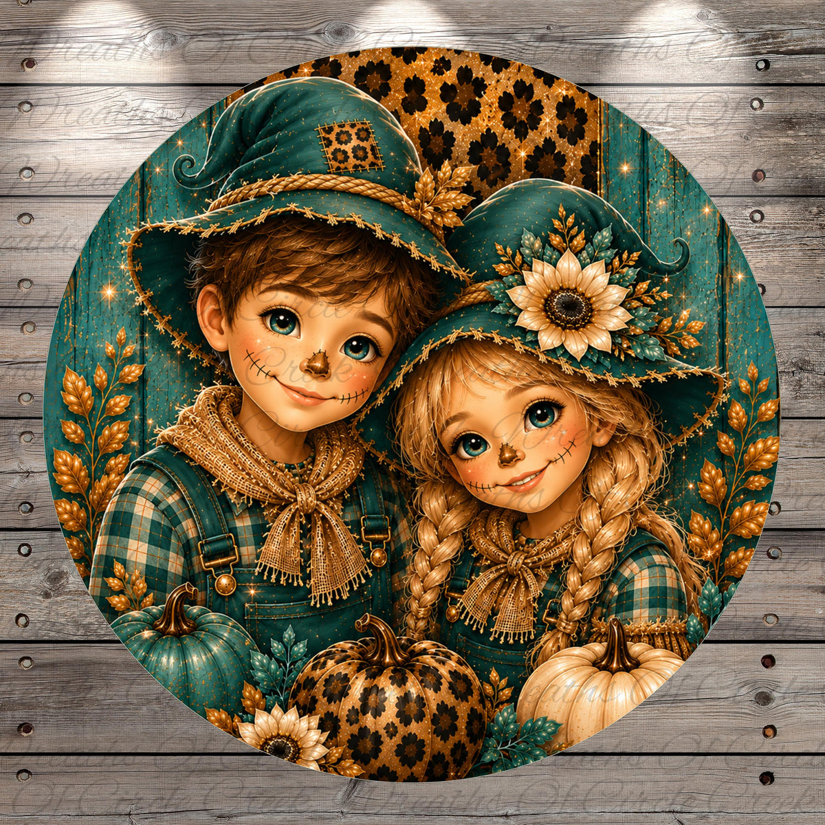 A young boy and girl wearing green hats and plaid overalls are smiling and holding pumpkins, surrounded by autumn-themed elements such as leaves and flowers.