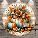 A round wooden sign with a bow, surrounded by autumn-themed decorations such as sunflowers, pumpkins, pine cones, and leaves.