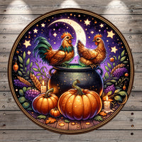 A circular illustration featuring two roosters sitting on a cauldron, surrounded by pumpkins, grapes, and a crescent moon.