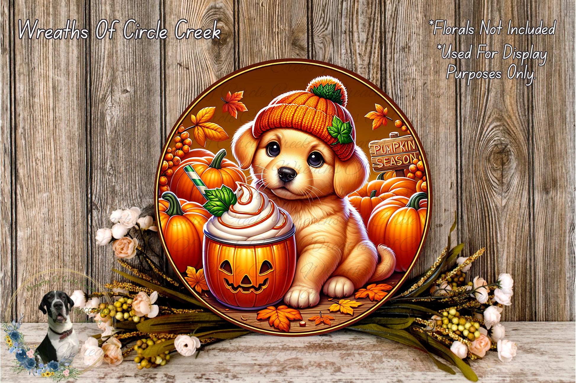 A cheerful illustration of a dog wearing a pumpkin-themed hat, surrounded by pumpkins and autumn leaves, with a pumpkin cup and whipped cream on a wooden surface.