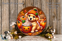 A cheerful illustration of a dog wearing a pumpkin-themed hat, surrounded by pumpkins and autumn leaves, with a pumpkin cup and whipped cream on a wooden surface.