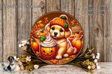 A cheerful illustration of a dog wearing a pumpkin-themed hat, surrounded by pumpkins and autumn leaves, with a pumpkin cup and whipped cream on a wooden surface.
