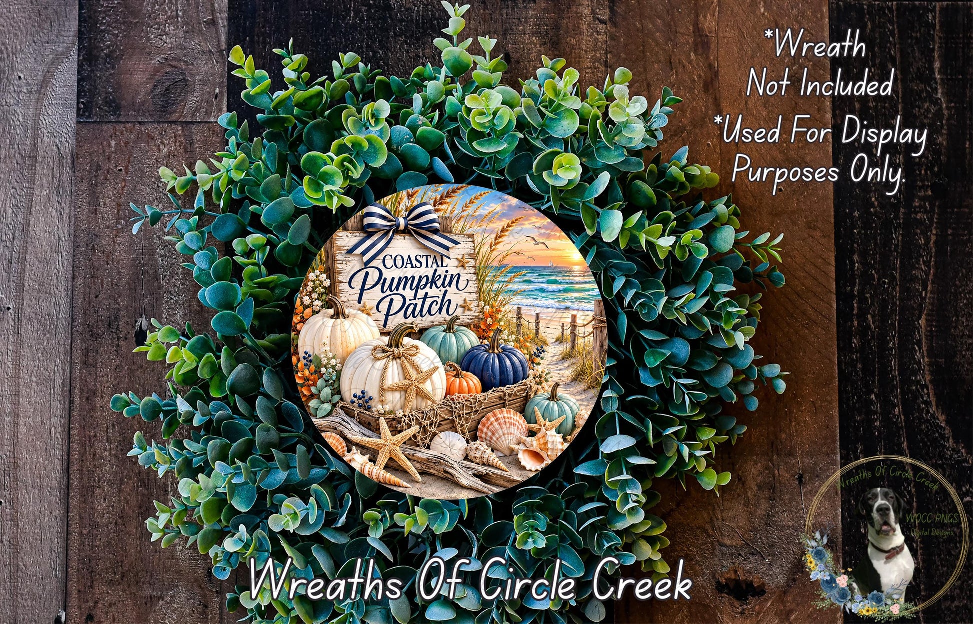 a wreath made of various natural elements, including pumpkins, seashells, and greenery, set against a wooden background.
