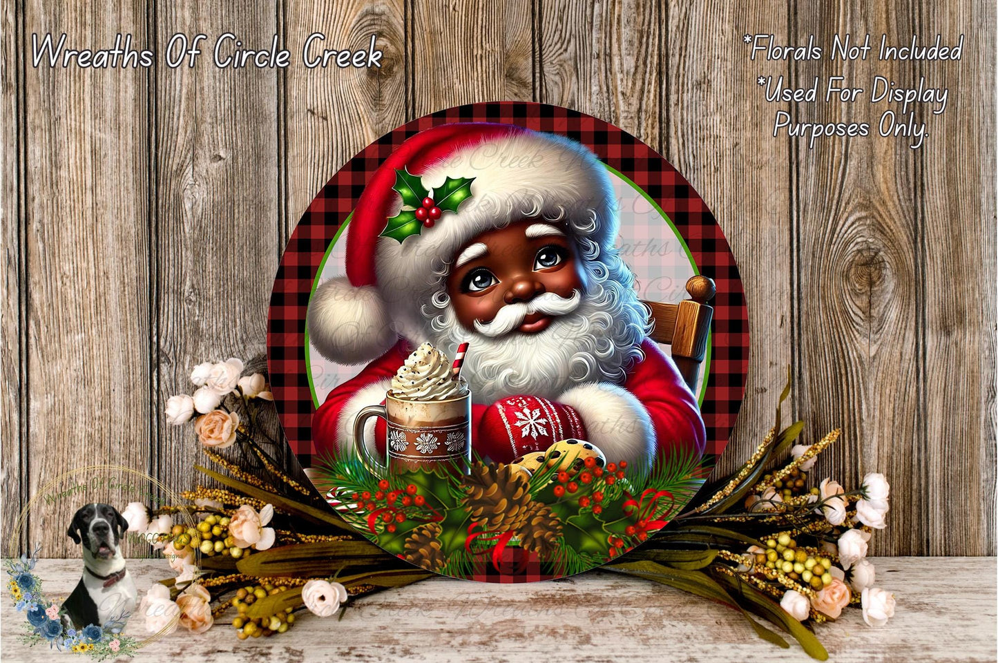 A festive Christmas-themed image featuring a Santa Claus figure surrounded by holiday decorations, including pine cones, flowers, and a mug of hot chocolate.