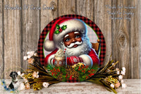 A festive Christmas-themed image featuring a Santa Claus figure surrounded by holiday decorations, including pine cones, flowers, and a mug of hot chocolate.