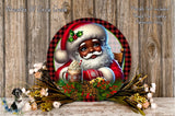 A festive Christmas-themed image featuring a Santa Claus figure surrounded by holiday decorations, including pine cones, flowers, and a mug of hot chocolate.