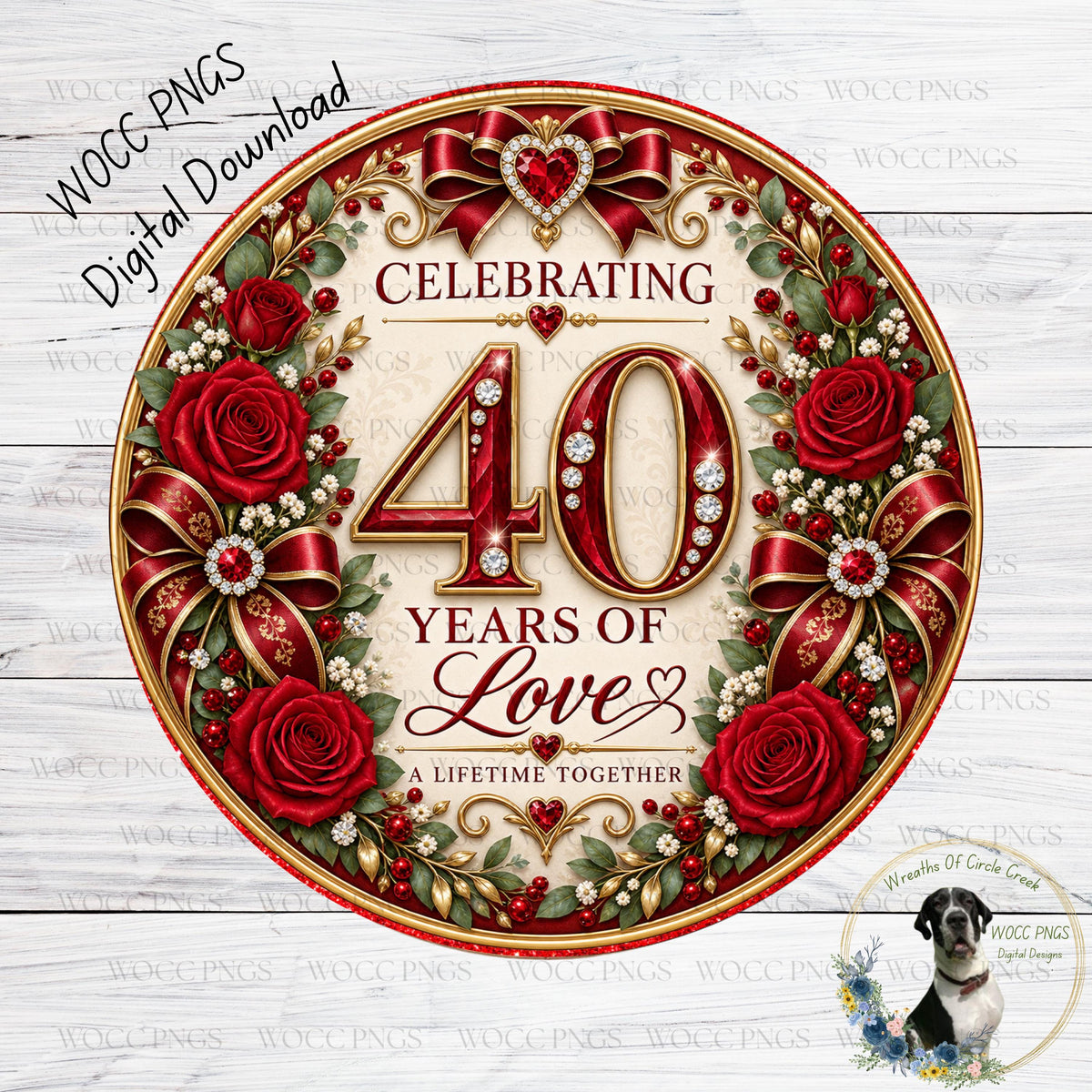 The image is a digital print celebrating 40 years of love, featuring a large number "40" surrounded by red roses, greenery, and a heart. The text "CELEBRATING 40 YEARS OF LOVE A LIFETIME TOGETHER" is prominently displayed, along with the phrase "Weaves of Circle Creek" and a small image of a dog.