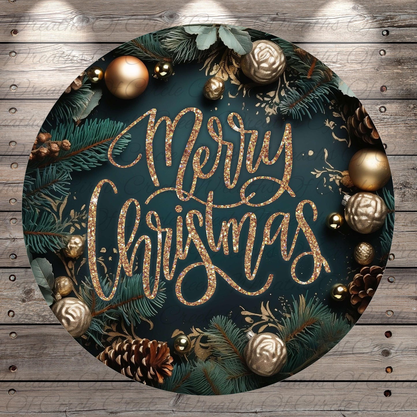 A circular arrangement of Christmas ornaments, pine branches, and greenery surrounds the text "Merry Christmas" in a decorative style.