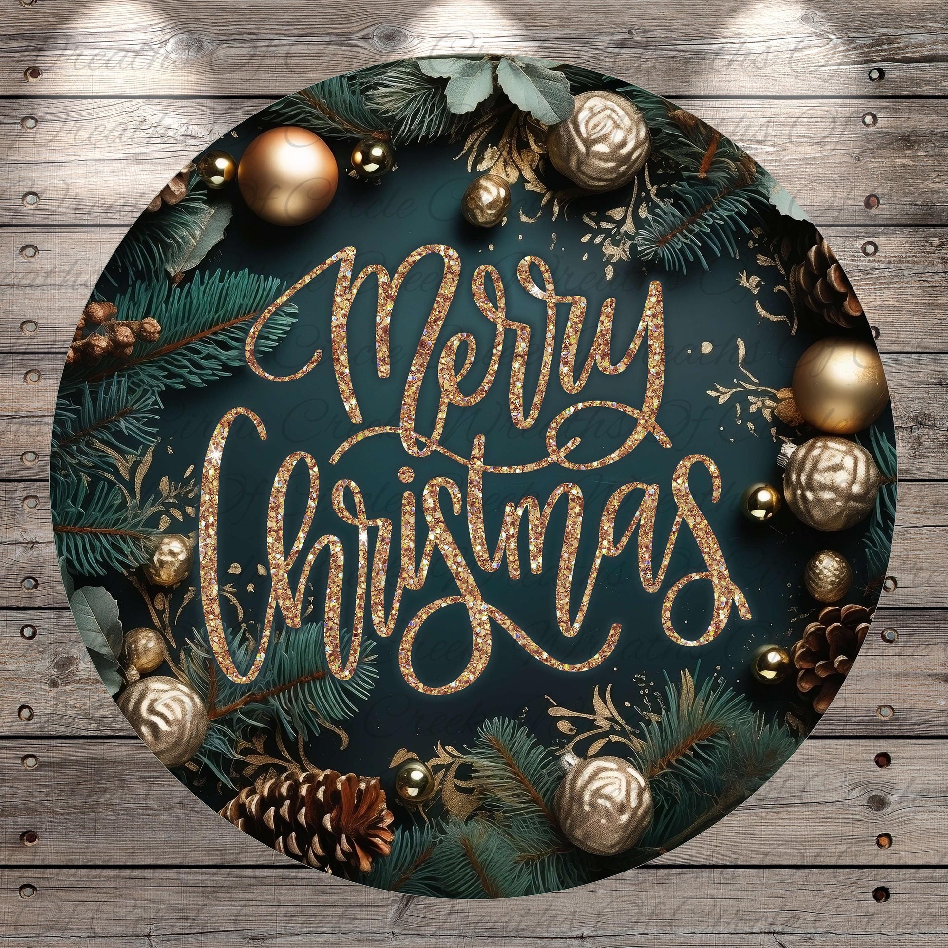 A circular arrangement of Christmas ornaments, pine branches, and greenery surrounds the text "Merry Christmas" in a decorative style.