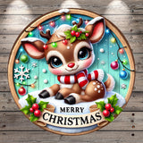 A festive Christmas scene featuring a cute cartoon reindeer with a red and white striped scarf, surrounded by holiday decorations such as snowflakes, berries, and Christmas lights.