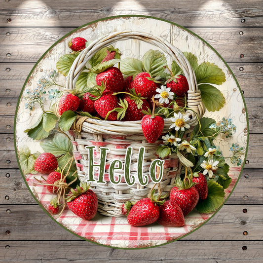 A wicker basket filled with ripe, red strawberries sits on a wooden surface, surrounded by green leaves and flowers. The word "Hello" is written in cursive on the basket.