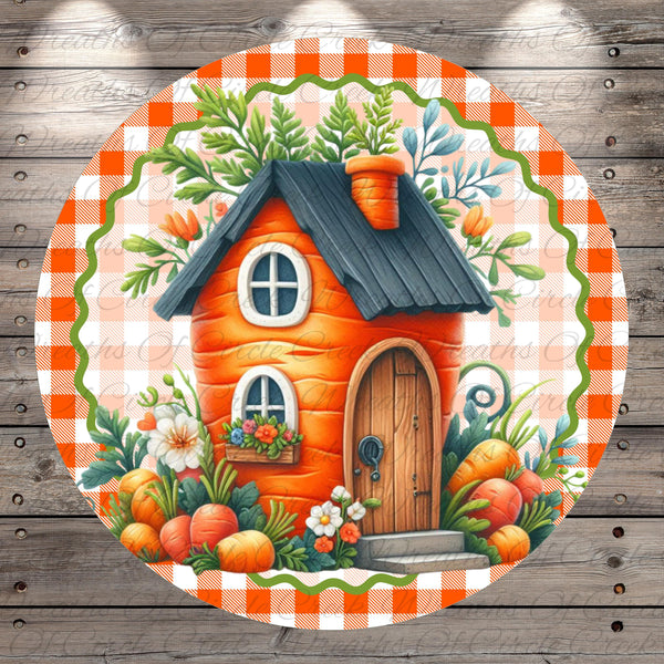A whimsical illustration of a small orange house with a black roof, surrounded by a garden filled with various fruits and vegetables, including carrots, apples, and flowers.