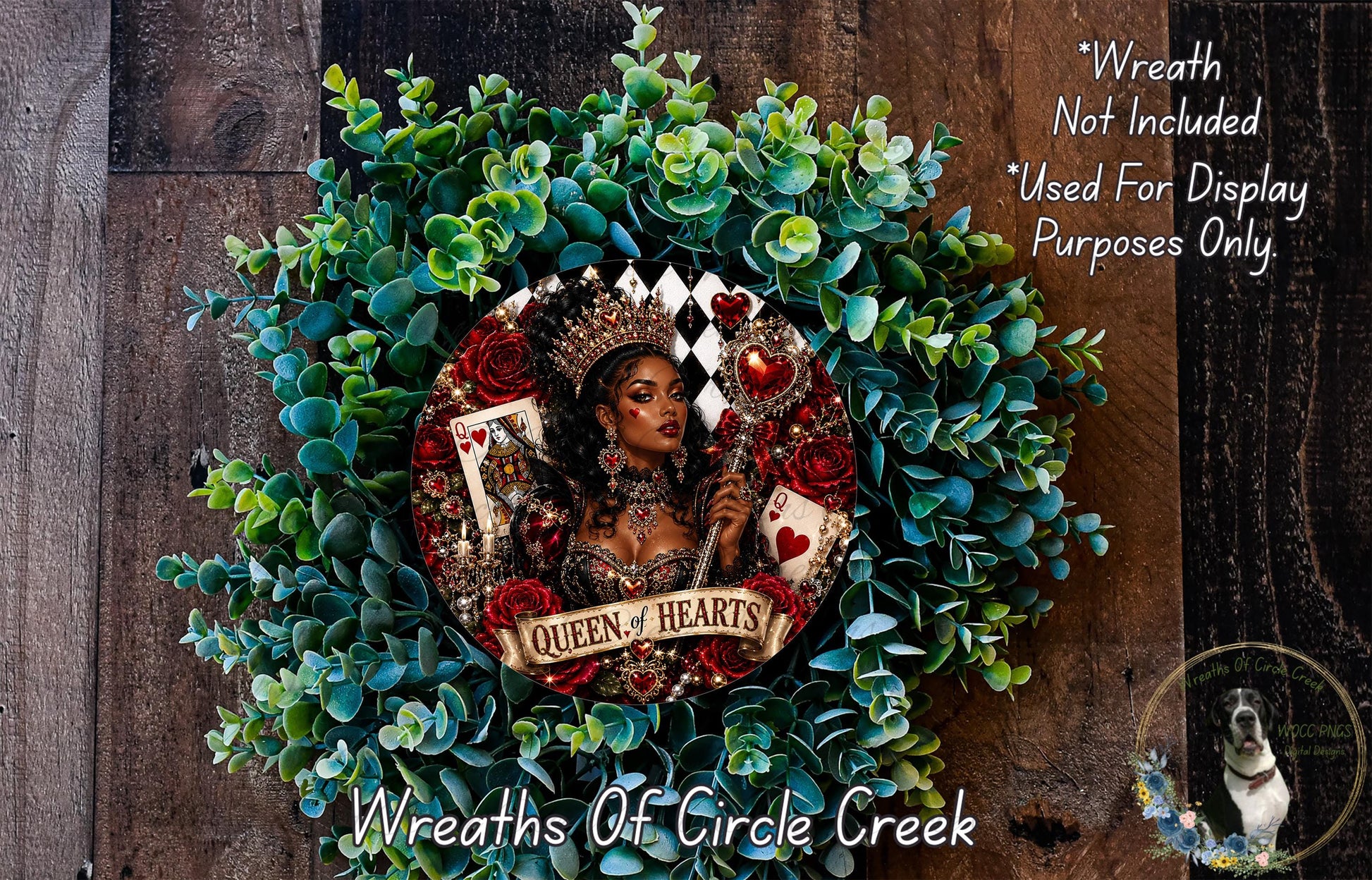 a wreath with a woman wearing a crown and holding a deck of playing cards, surrounded by a lush green wreath.