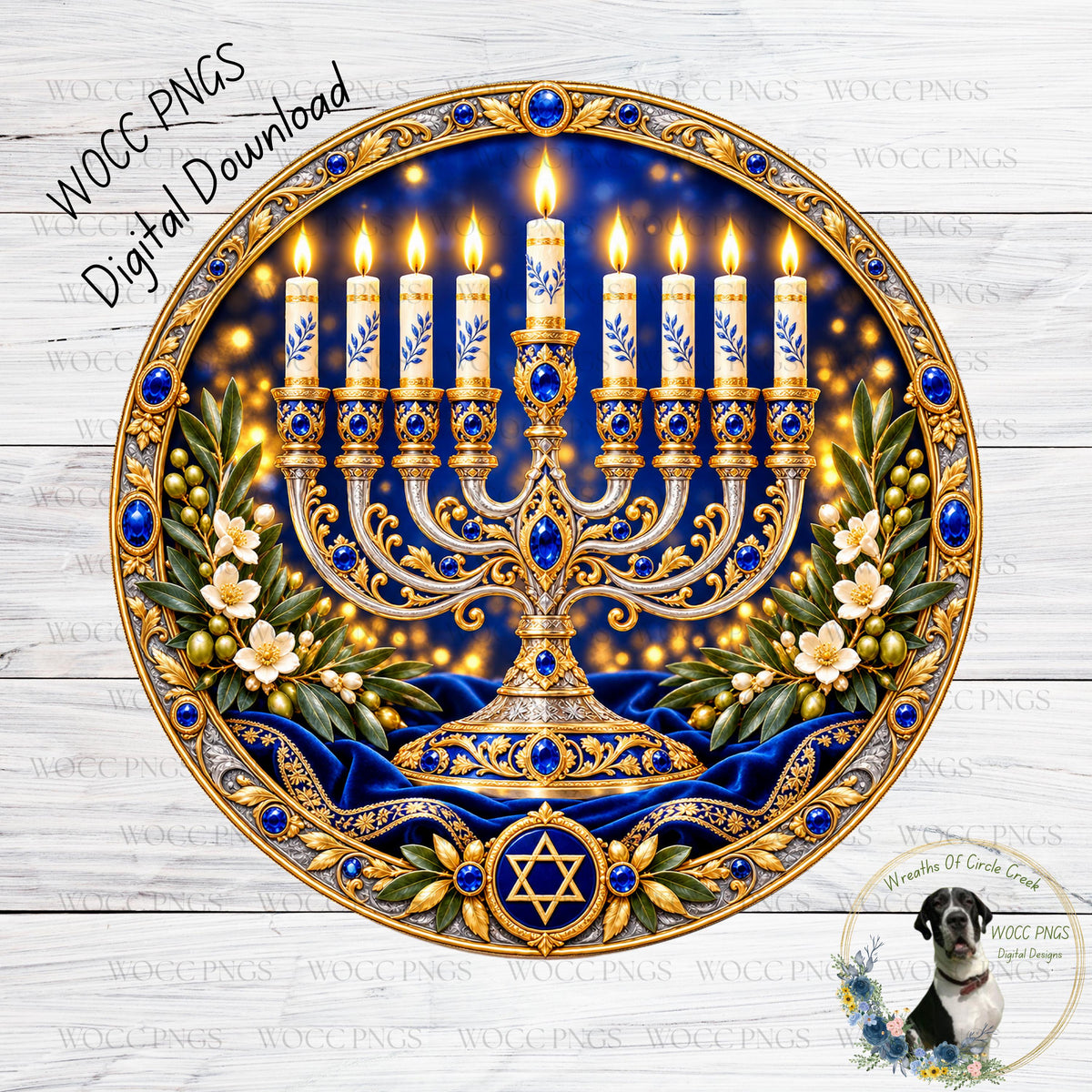 The image is a digital illustration of a menorah, a traditional Jewish candelabra, with a blue background and gold accents. The menorah has nine lit candles and is surrounded by blue and white flowers.