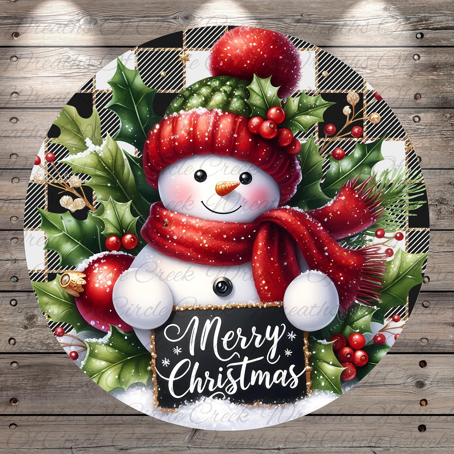 A festive Christmas wreath with a smiling snowman wearing a red scarf and hat, surrounded by holly leaves, berries, and a "Merry Christmas" sign.