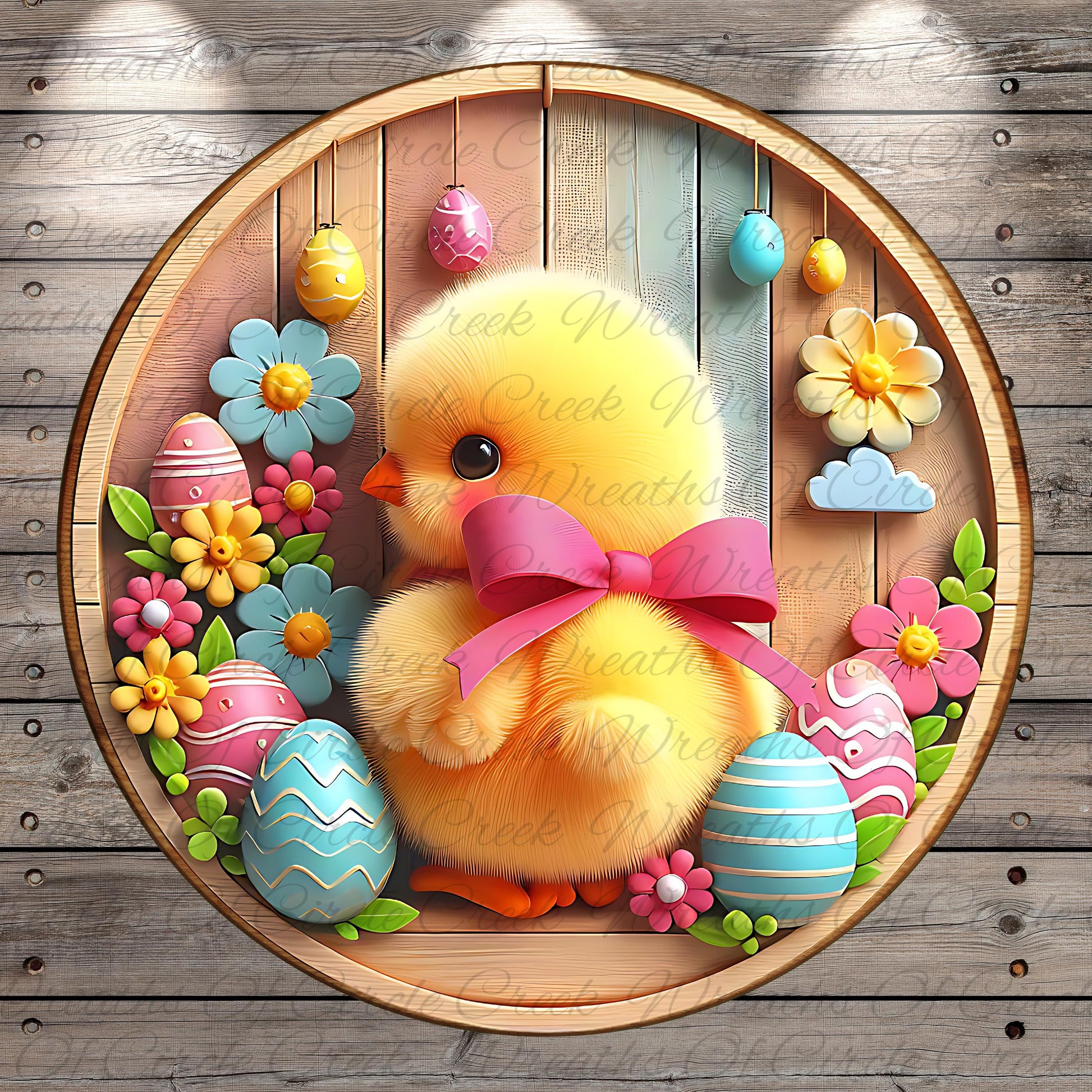 A round wooden wreath with a yellow chick wearing a pink bow, surrounded by colorful Easter eggs, flowers, and other decorative elements.