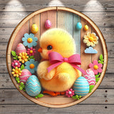 A round wooden wreath with a yellow chick wearing a pink bow, surrounded by colorful Easter eggs, flowers, and other decorative elements.