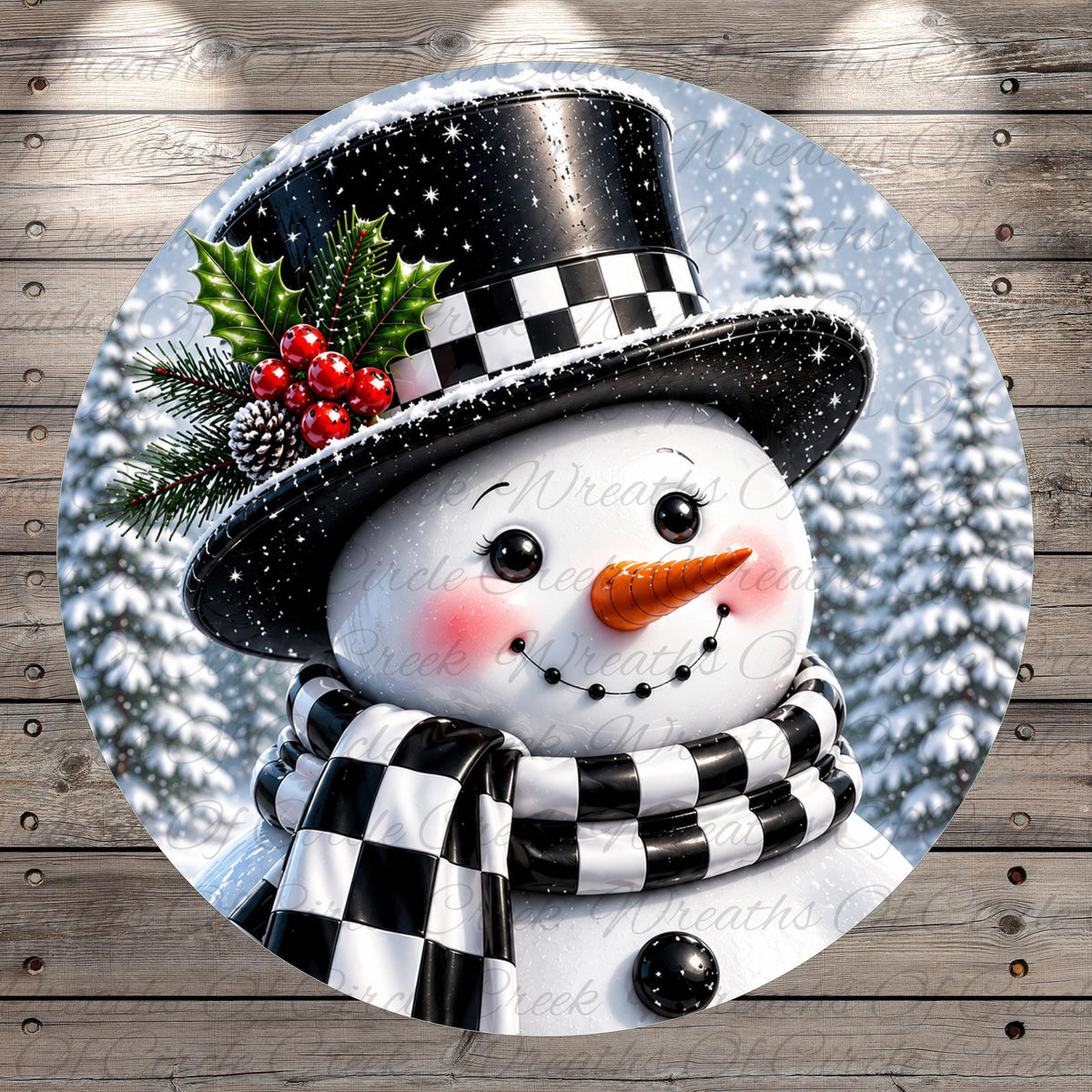 A cheerful snowman with a black and white top hat, scarf, and red berries, set against a snowy winter landscape with pine trees.