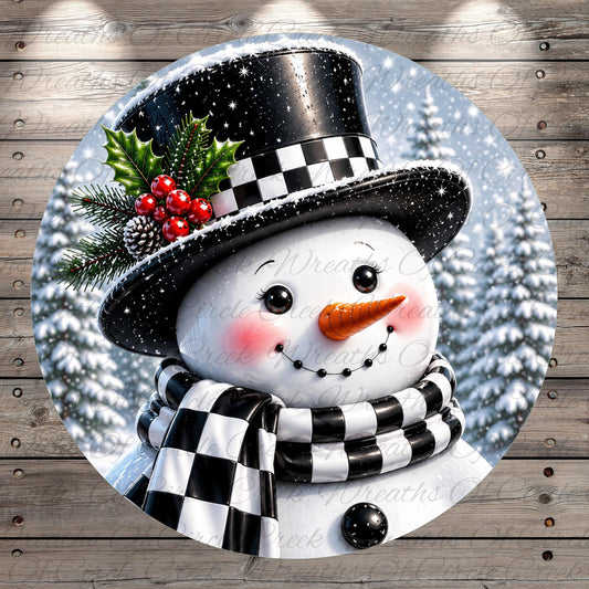 A cheerful snowman with a black and white top hat, scarf, and red berries, set against a snowy winter landscape with pine trees.