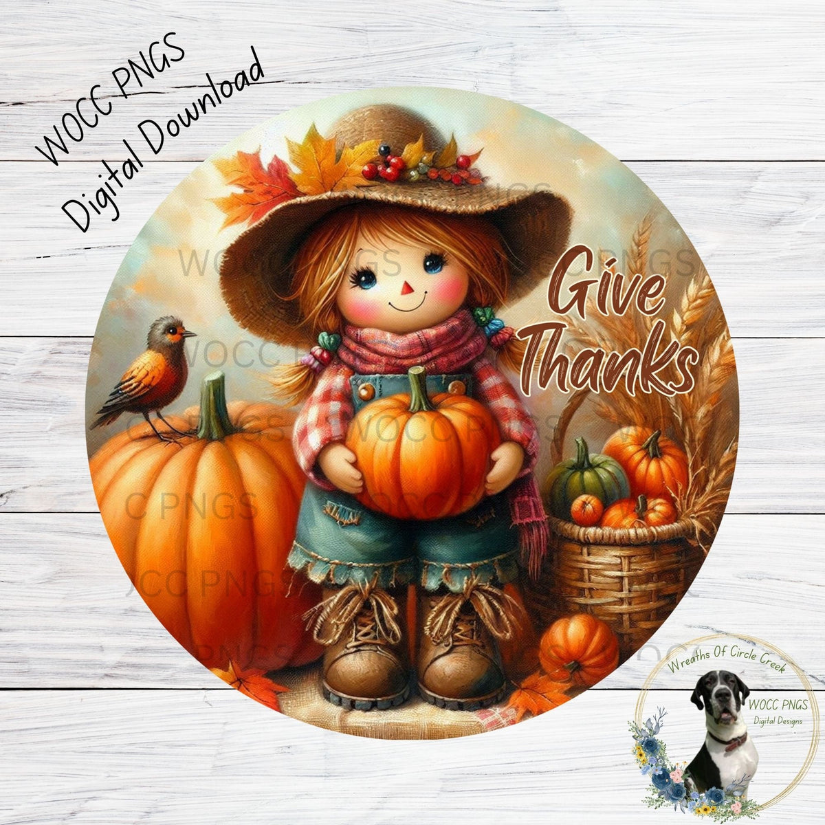 Farm Girl, Scarecrow, Holding Pumpkin, Give Thanks, Round, 2 - PNGs, Sublimation, Printable, DIGITAL DOWNLOAD