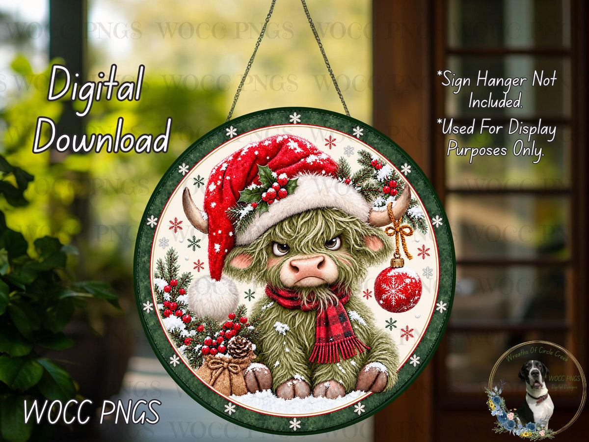 A digital download of a Christmas-themed sign featuring a green cow wearing a Santa hat and scarf, with a red ornament and berries on a snowy background.