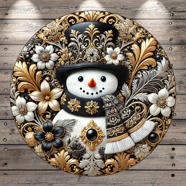 A decorative snowman with a black top hat and a scarf, surrounded by intricate floral and leaf designs in gold and black.