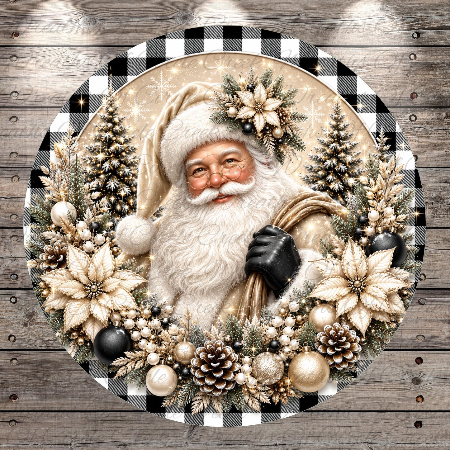 A festive Christmas wreath featuring a smiling Santa Claus surrounded by snowflakes, pine trees, and ornaments.