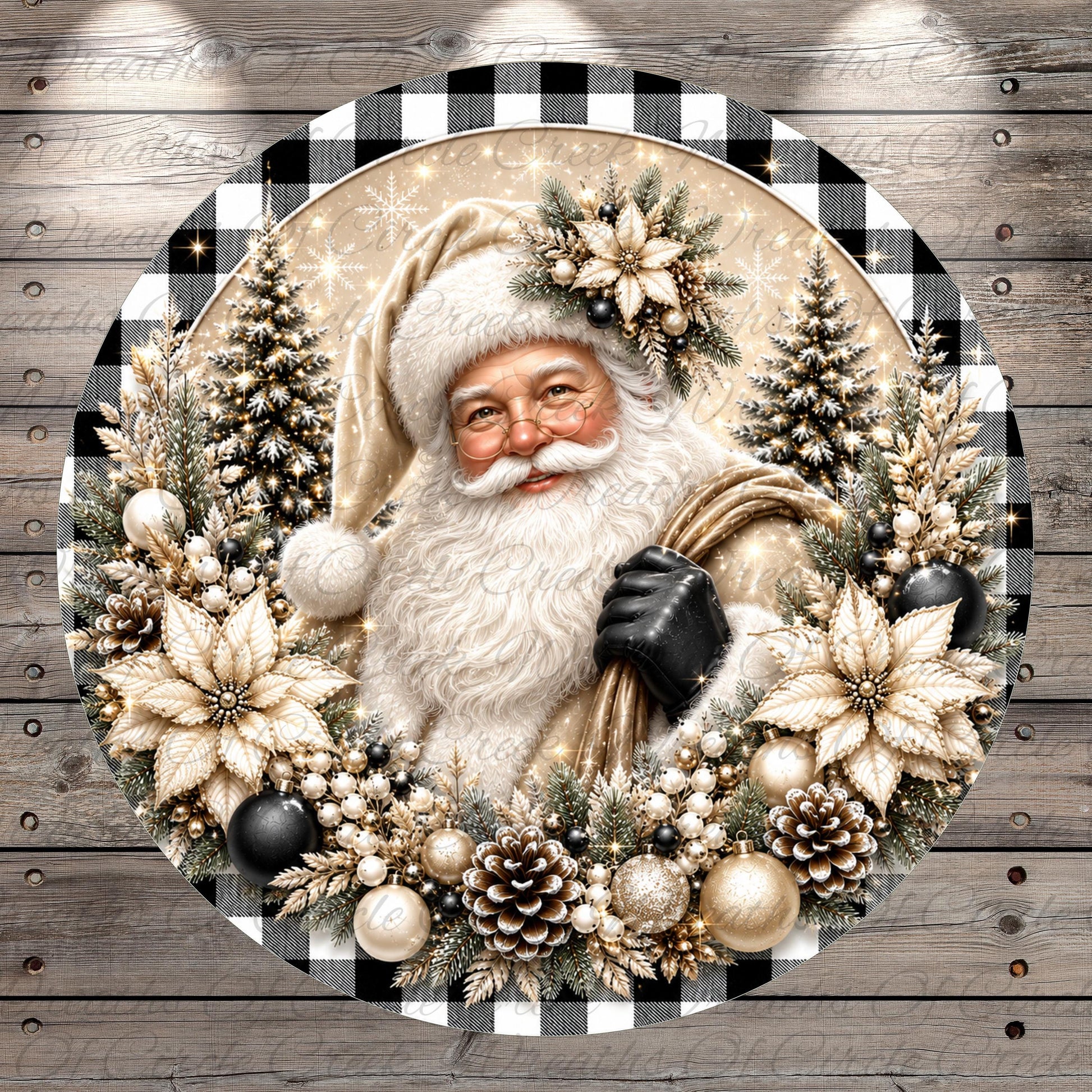A festive Christmas wreath featuring a smiling Santa Claus surrounded by snowflakes, pine trees, and ornaments.