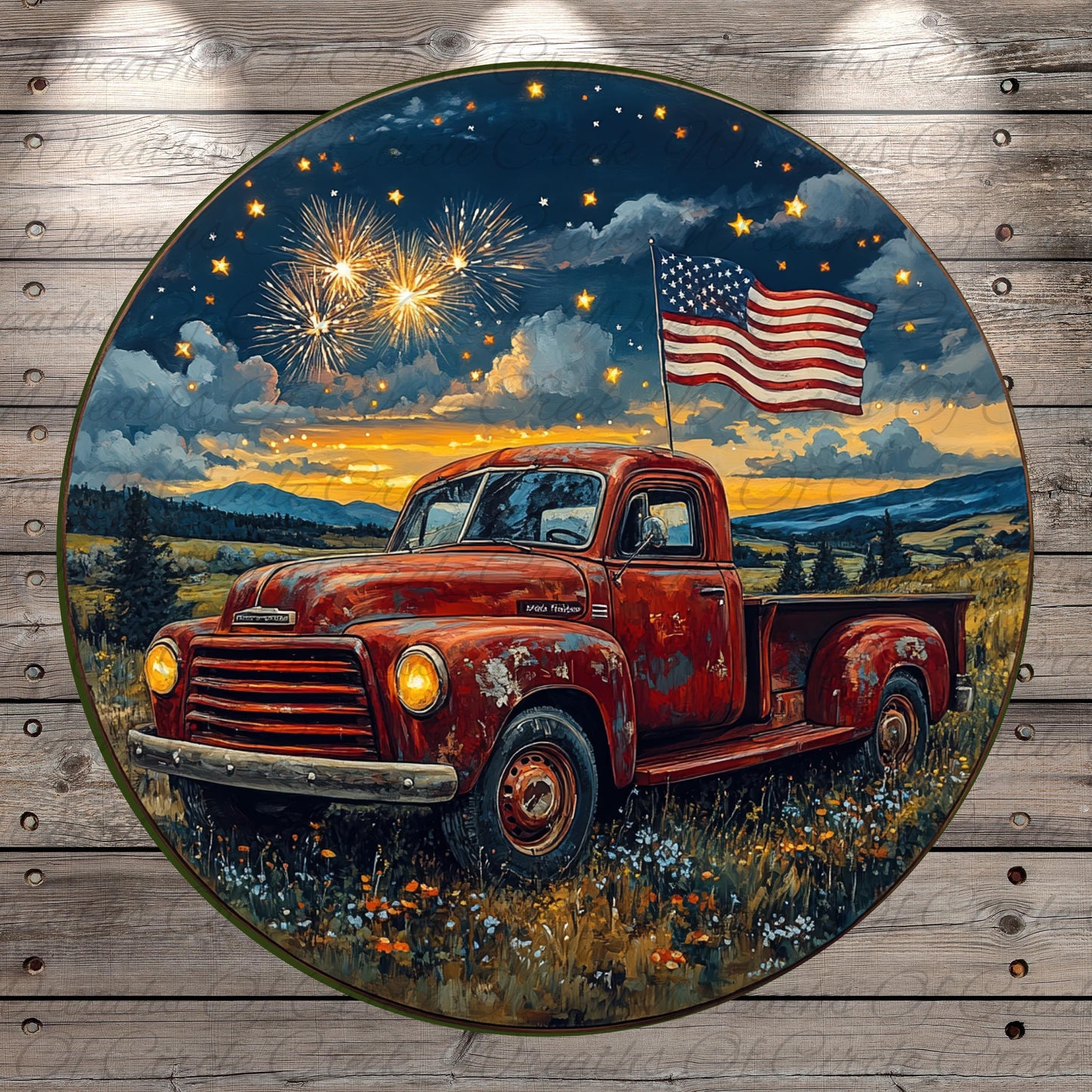a painting of a red truck with an american flag on it