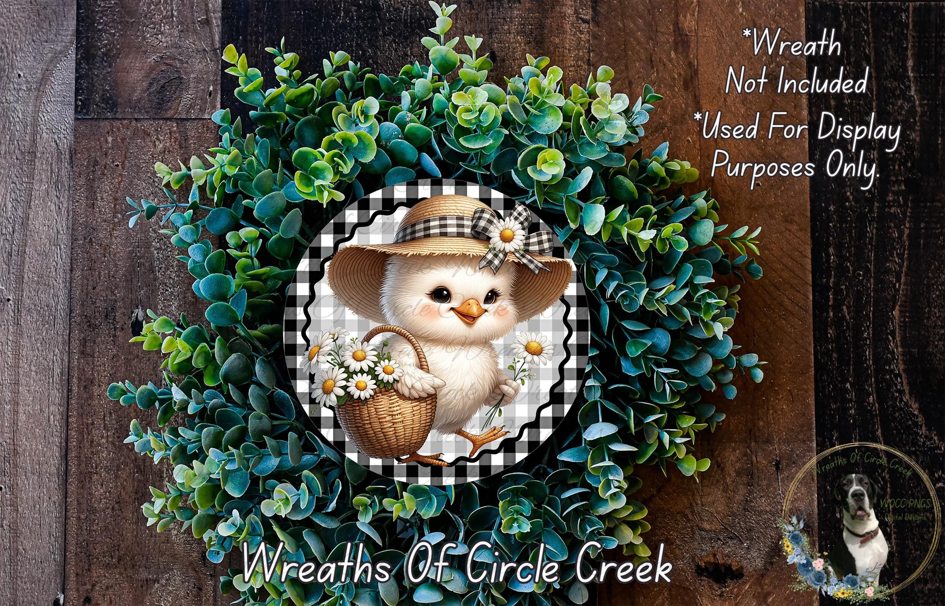 A wreath featuring a cartoon chicken holding a basket of flowers, surrounded by a lush green plant.