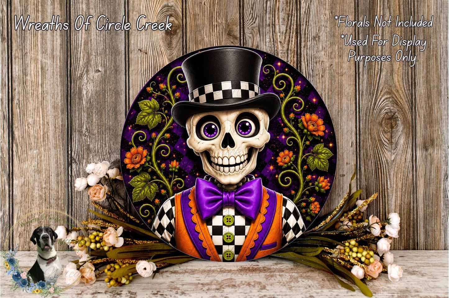 A decorative wreath featuring a skeleton wearing a top hat and bow tie, surrounded by flowers and greenery.