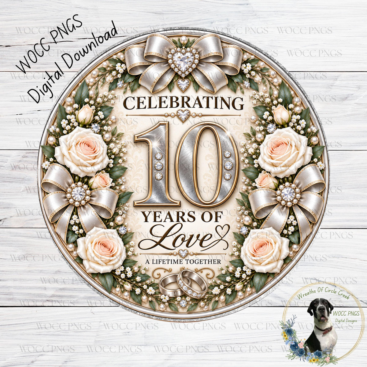 The image is a digital wedding invitation or anniversary card celebrating 10 years of love. It features a large number 10 surrounded by flowers and ribbons, with the text "Celebrating 10 YEARS OF LOVE" and "A LIFETIME TOGETHER" written around it.