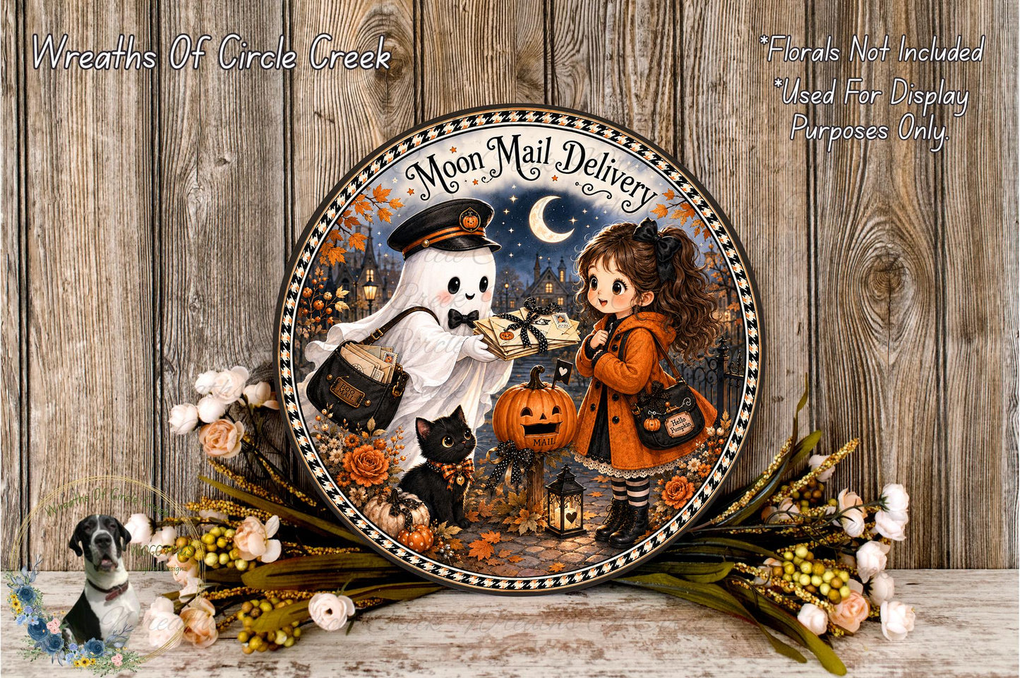 a Halloween-themed plate with a ghost, a pumpkin, a cat, and a young girl, all set against a night sky background. The plate is surrounded by flowers and a wooden background.