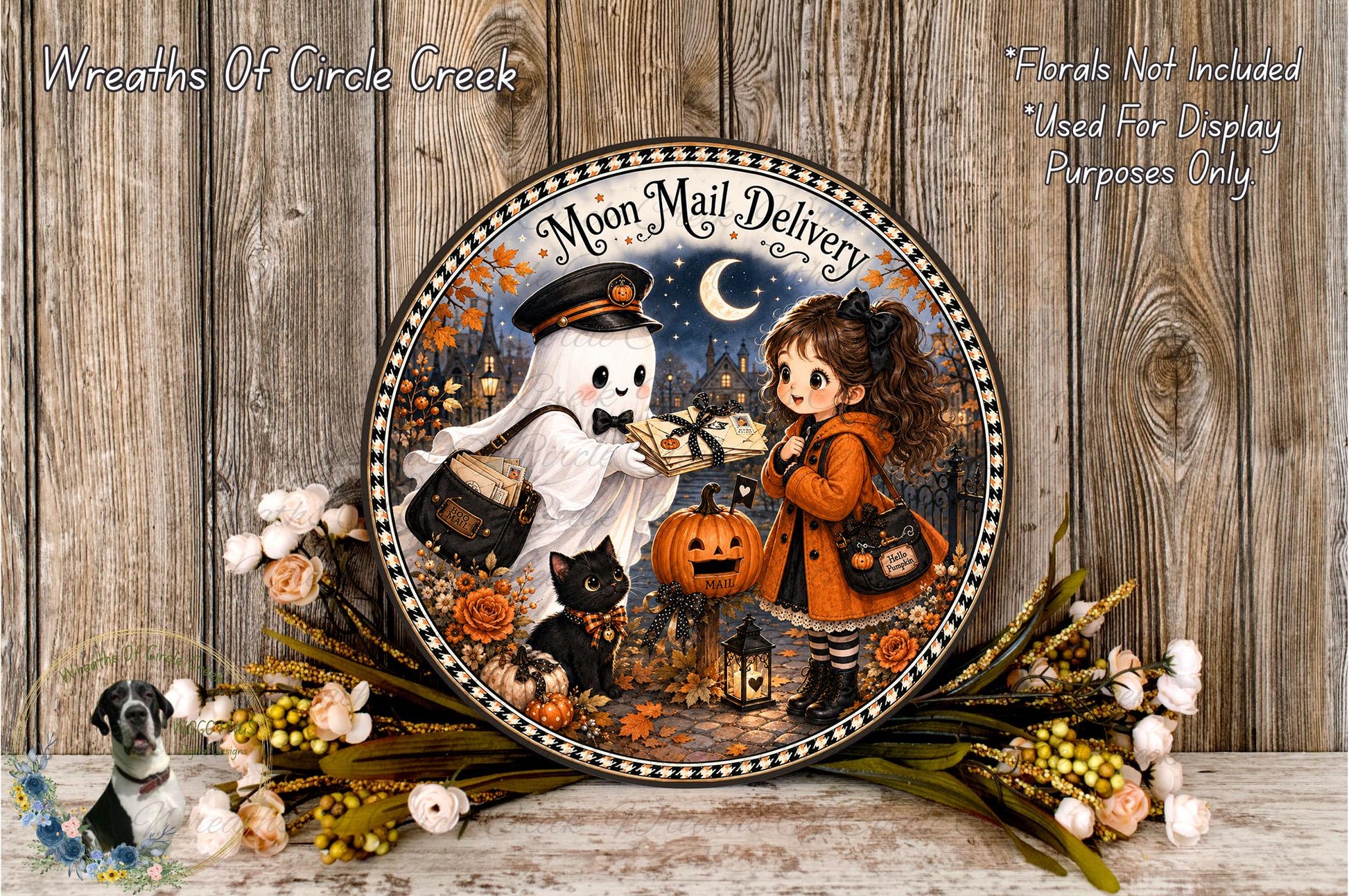 a Halloween-themed plate with a ghost, a pumpkin, a cat, and a young girl, all set against a night sky background. The plate is surrounded by flowers and a wooden background.