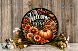 a decorative sign with the text "Welcome to our Home" surrounded by a vibrant arrangement of autumn flowers, including pumpkins, sunflowers, and other seasonal elements. The sign is displayed on a wooden surface, and there are additional floral arrangements in the background.