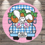 A cartoon illustration of a blue and white checkered truck with a bunny sitting in the back, surrounded by carrots. The text "Happy Easter" is displayed on the truck.