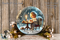 A Christmas-themed image featuring a snow globe with a young girl sitting at a table, surrounded by flowers and a candle, with the text "Merry Christmas" displayed.